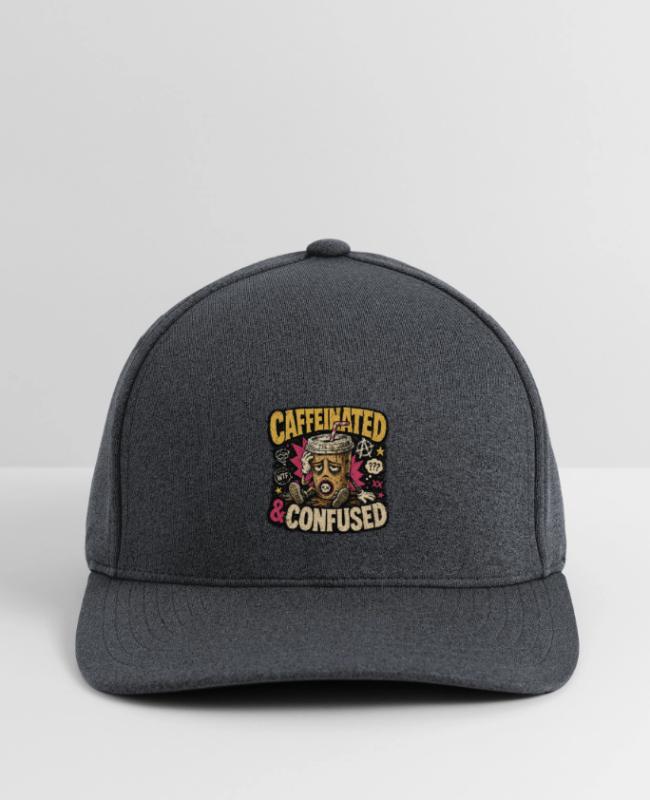Caffeinated & Confused Retro Coffee Humor Tee Top on Flexfit Melange Baseball Cap