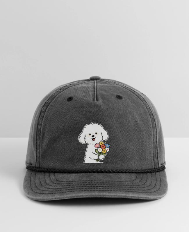 Cute Bichon Frise Dog with Flowers Kawaii Illustra on Vintage Washed Rope Cap